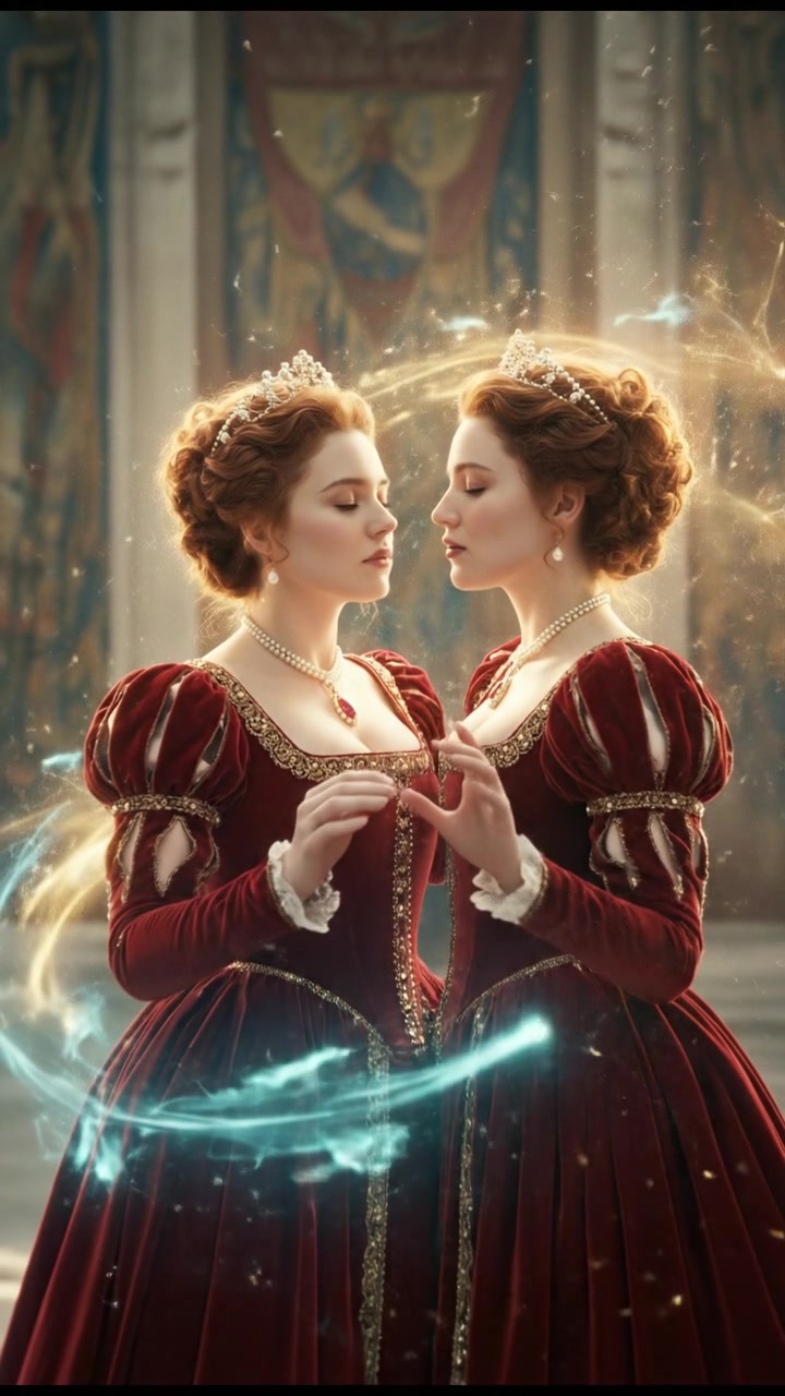 sharing a final kiss as magic or light begins to pull them apart