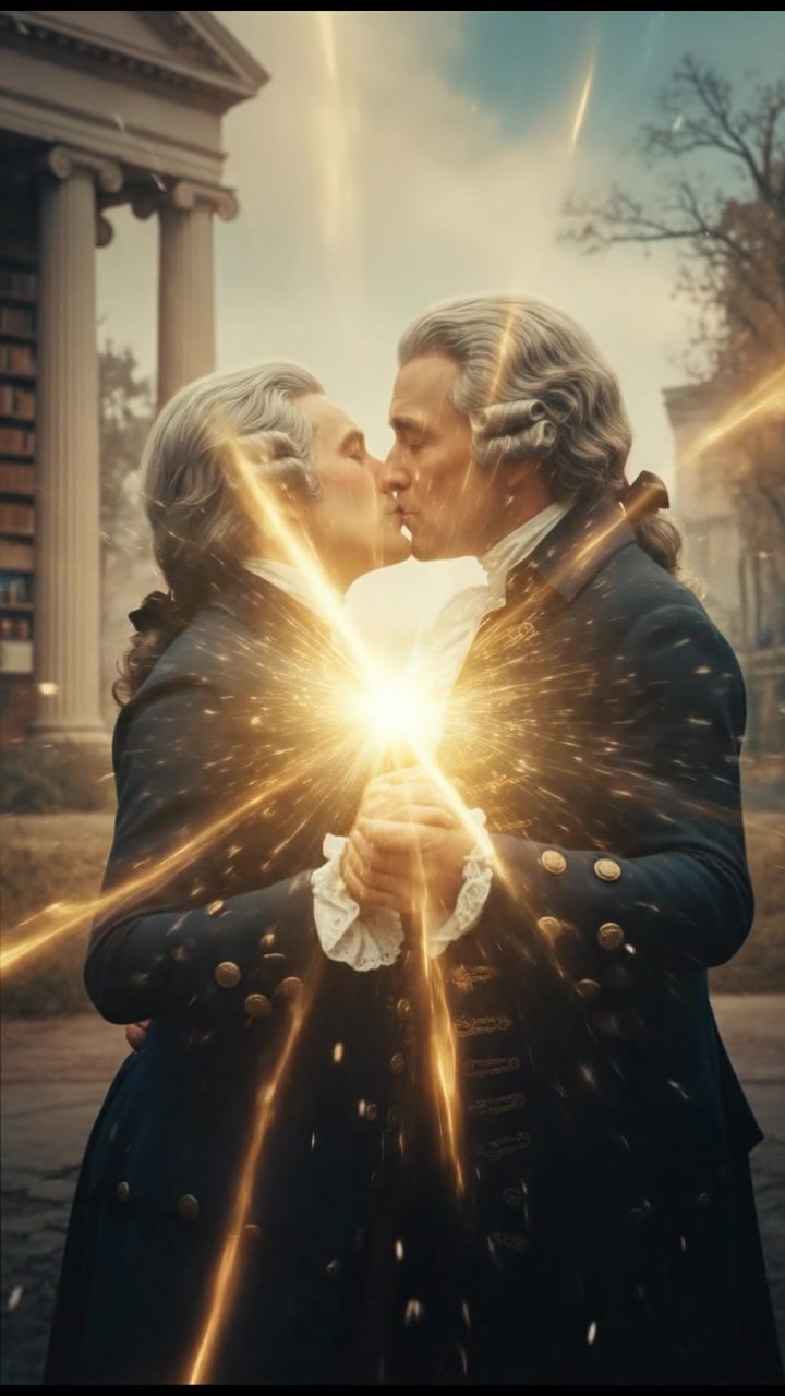 sharing a final kiss as magic or light begins to pull them apart