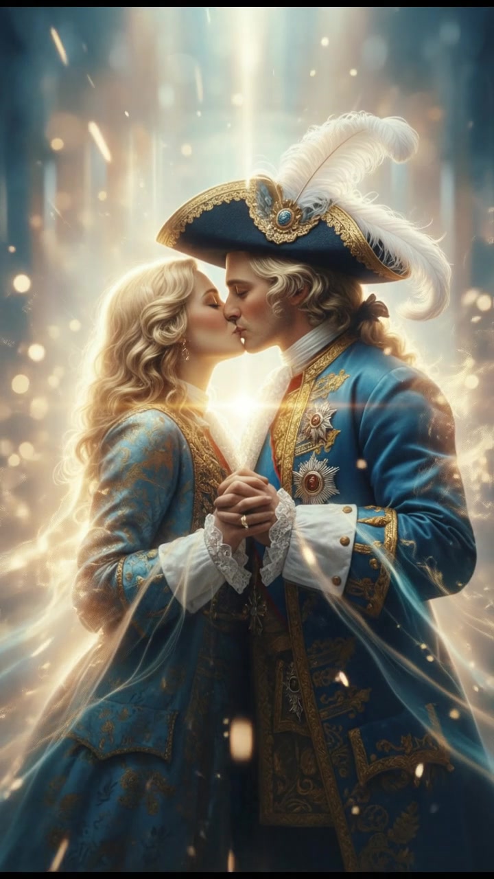 sharing a final kiss as magic or light begins to pull them apart