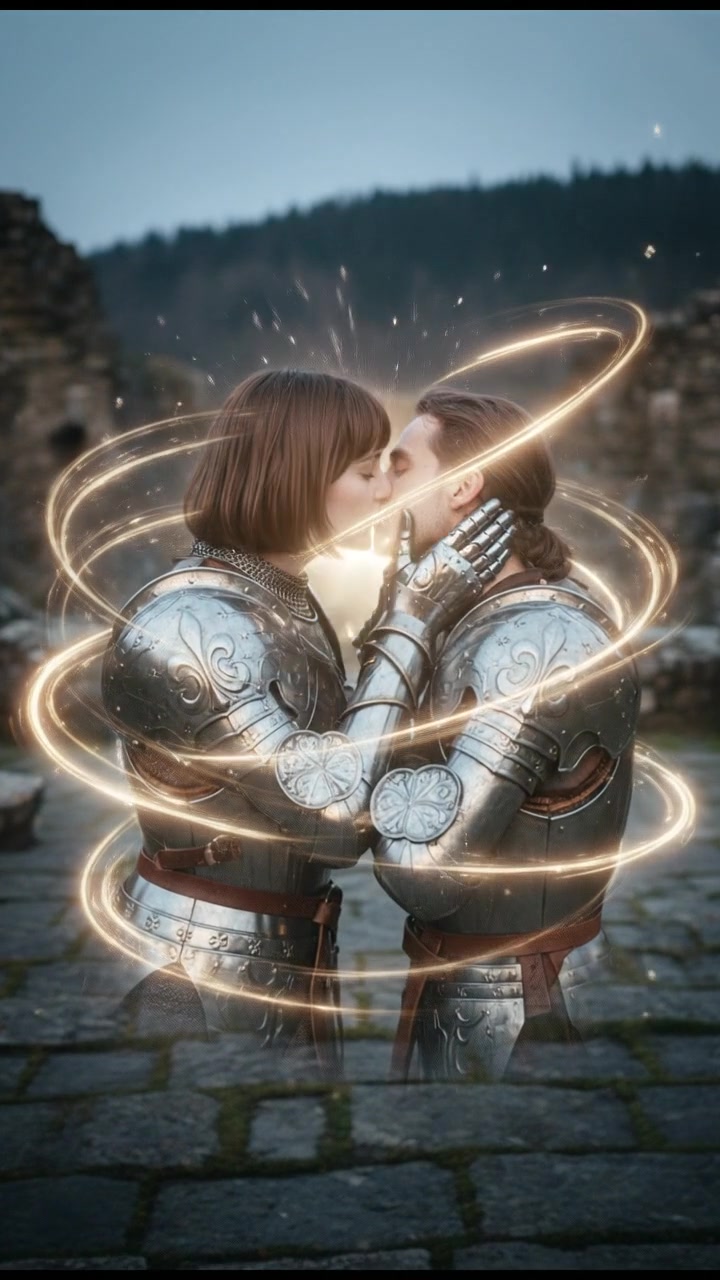 sharing a final kiss as magic or light begins to pull them apart