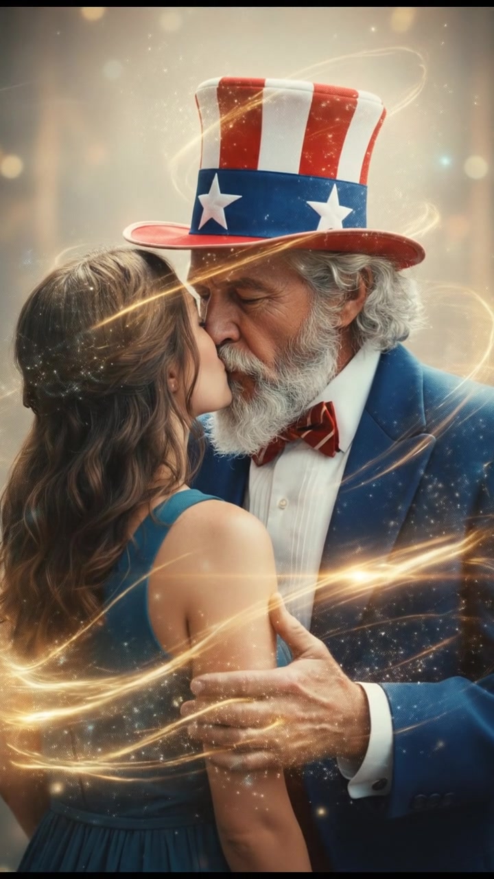 sharing a final kiss as magic or light begins to pull them apart