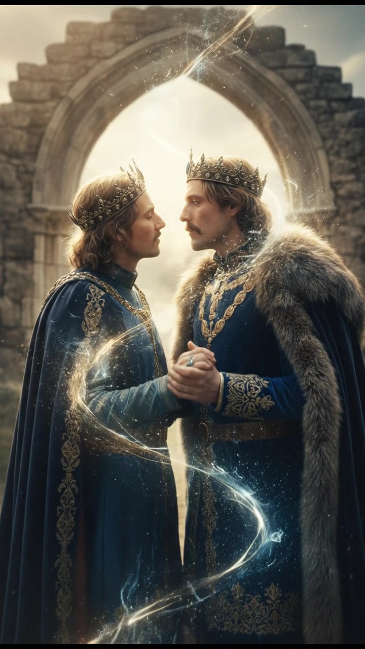 sharing a final kiss as magic or light begins to pull them apart