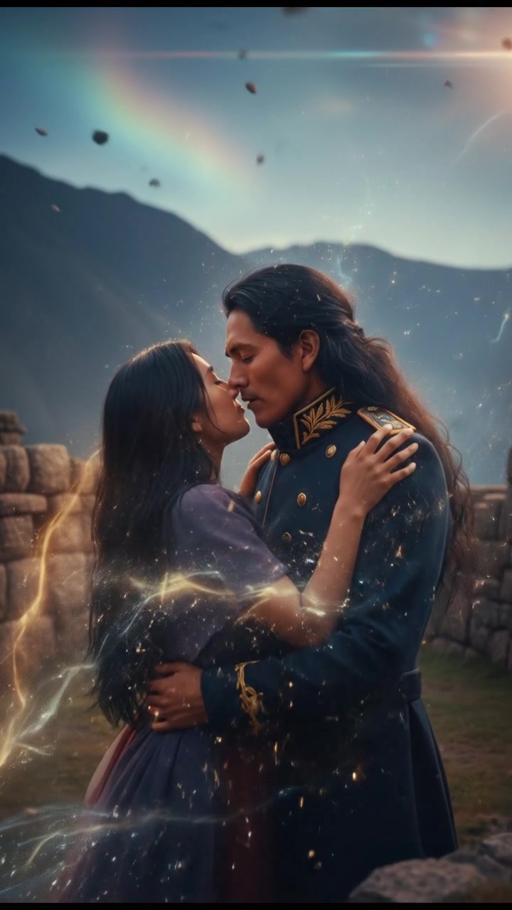 sharing a final kiss as magic or light begins to pull them apart