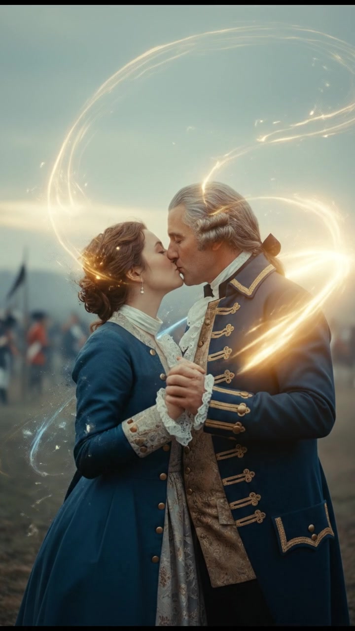 sharing a final kiss as magic or light begins to pull them apart