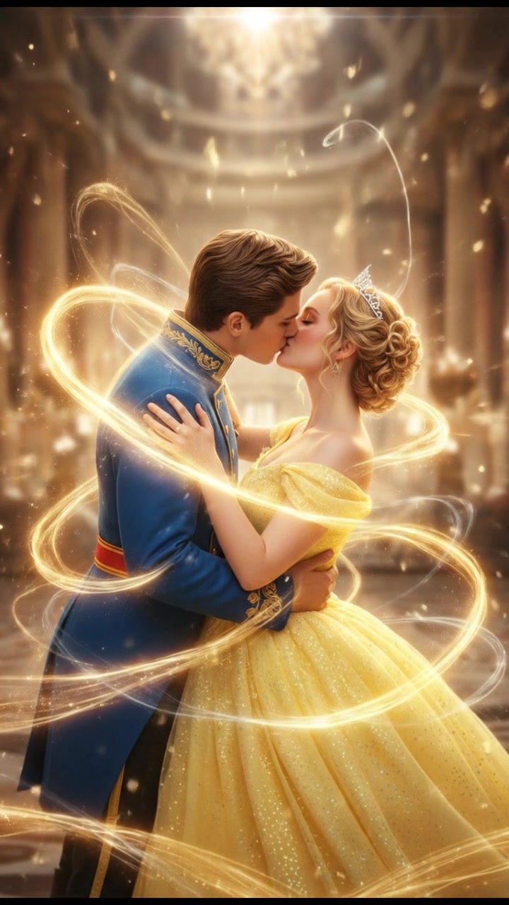 sharing a final kiss as magic or light begins to pull them apart