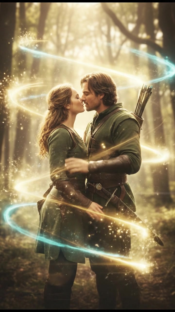 sharing a final kiss as magic or light begins to pull them apart