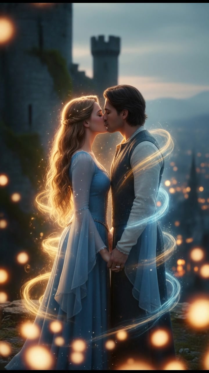 sharing a final kiss as magic or light begins to pull them apart