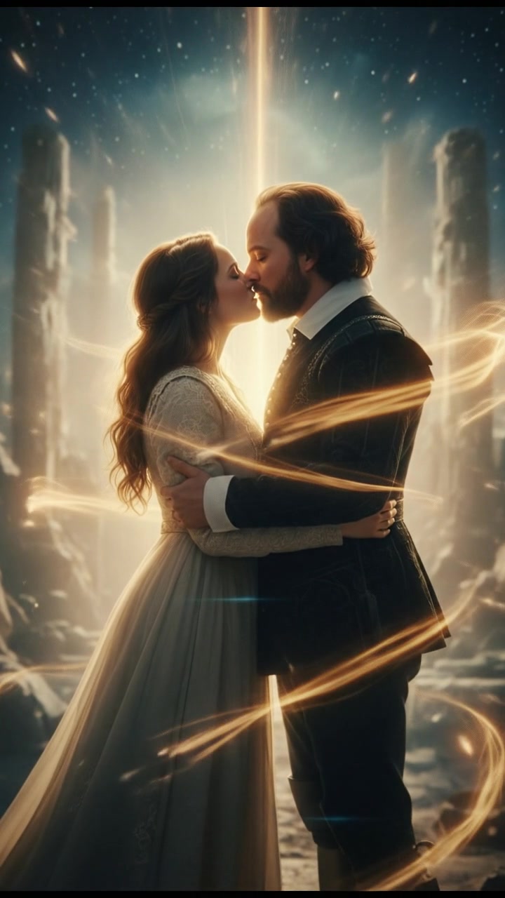 sharing a final kiss as magic or light begins to pull them apart