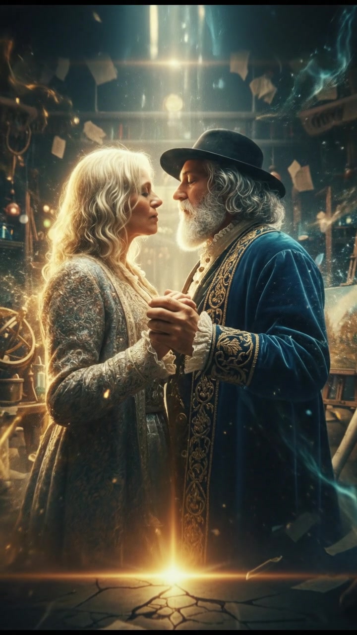 sharing a final kiss as magic or light begins to pull them apart