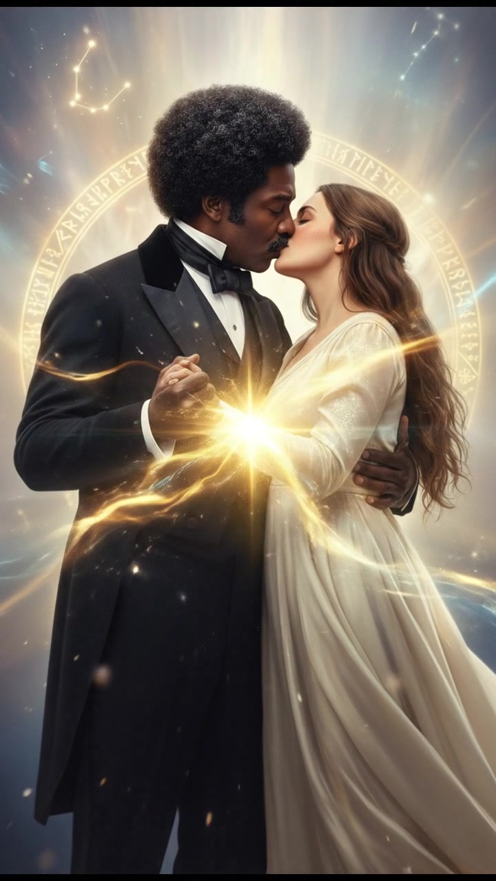 sharing a final kiss as magic or light begins to pull them apart