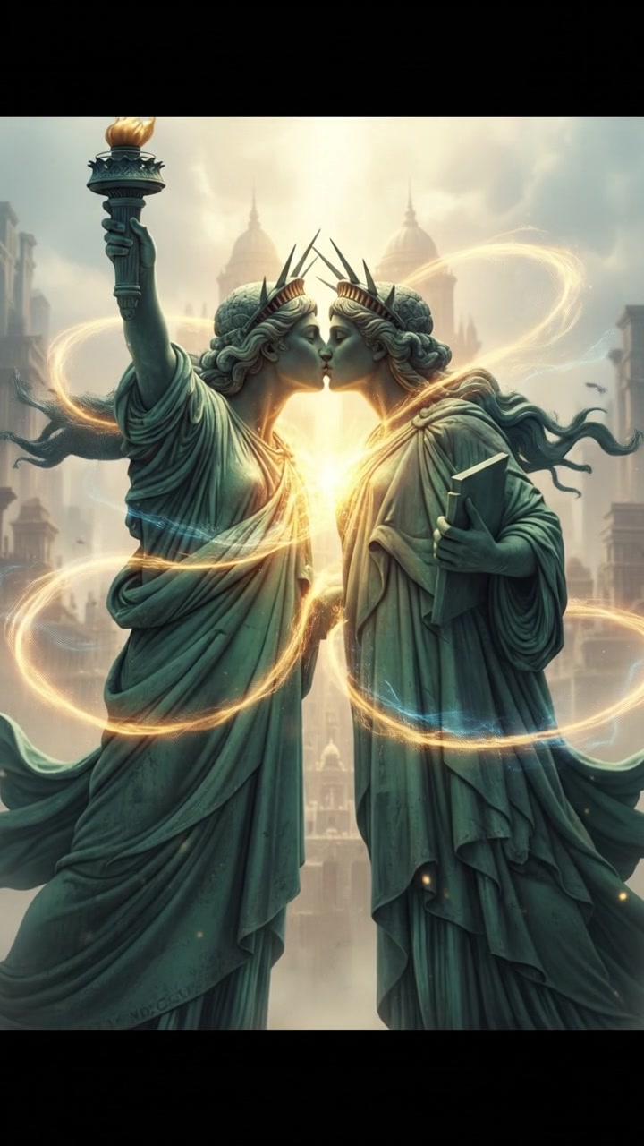 sharing a final kiss as magic or light begins to pull them apart