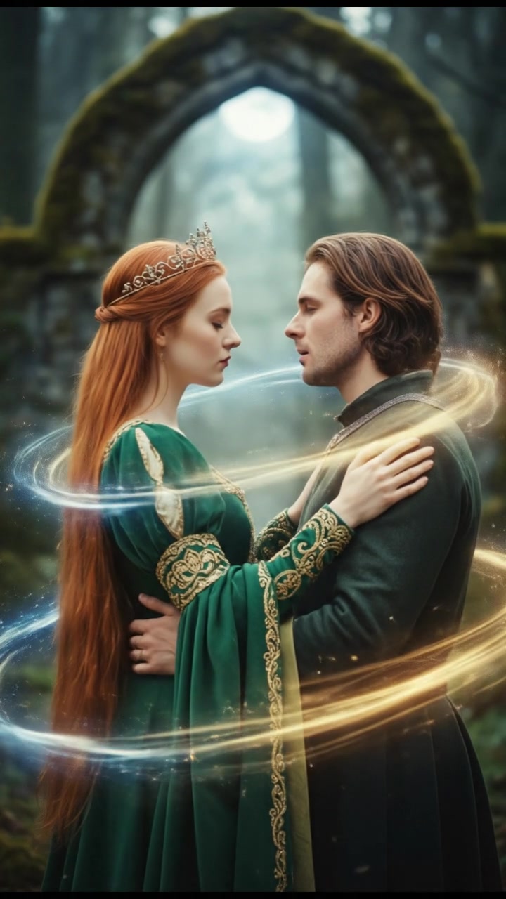 sharing a final kiss as magic or light begins to pull them apart