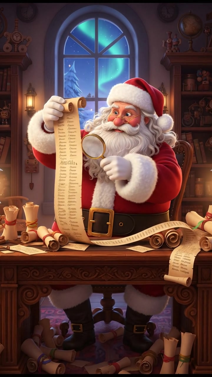 checking his naughty or nice list at a large wooden desk filled with scrolls