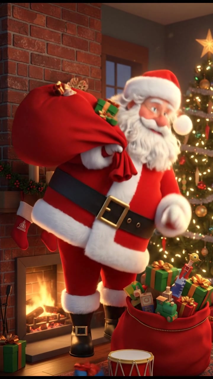 delivering gifts down a chimney, caught mid-action with a bag of toys