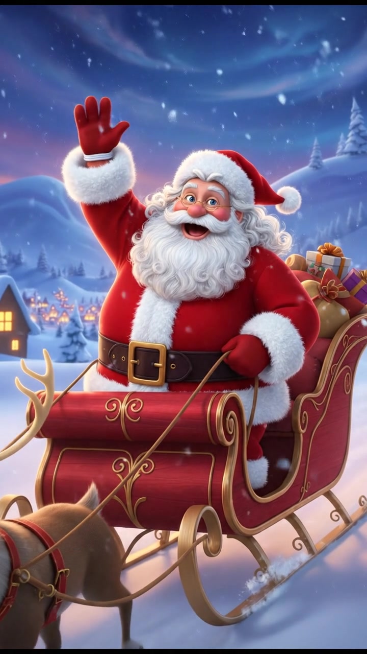 waving from his sleigh as snow falls around him, joyful expression