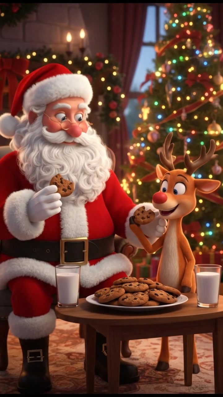sharing cookies and milk left out on a plate, smiling warmly