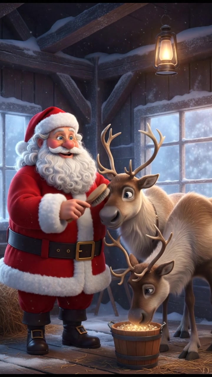 feeding or brushing his reindeer in a snowy stable, tender moment