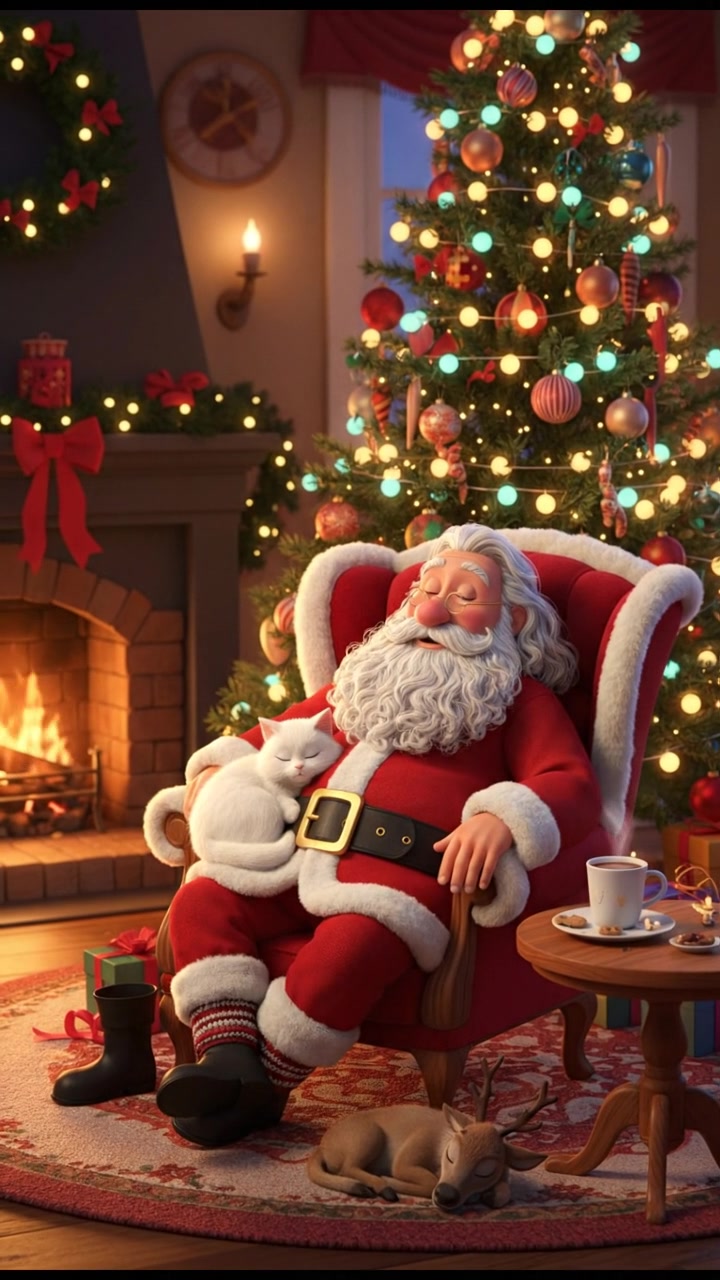 relaxing in a cozy armchair after Christmas night, boots off, peaceful and content