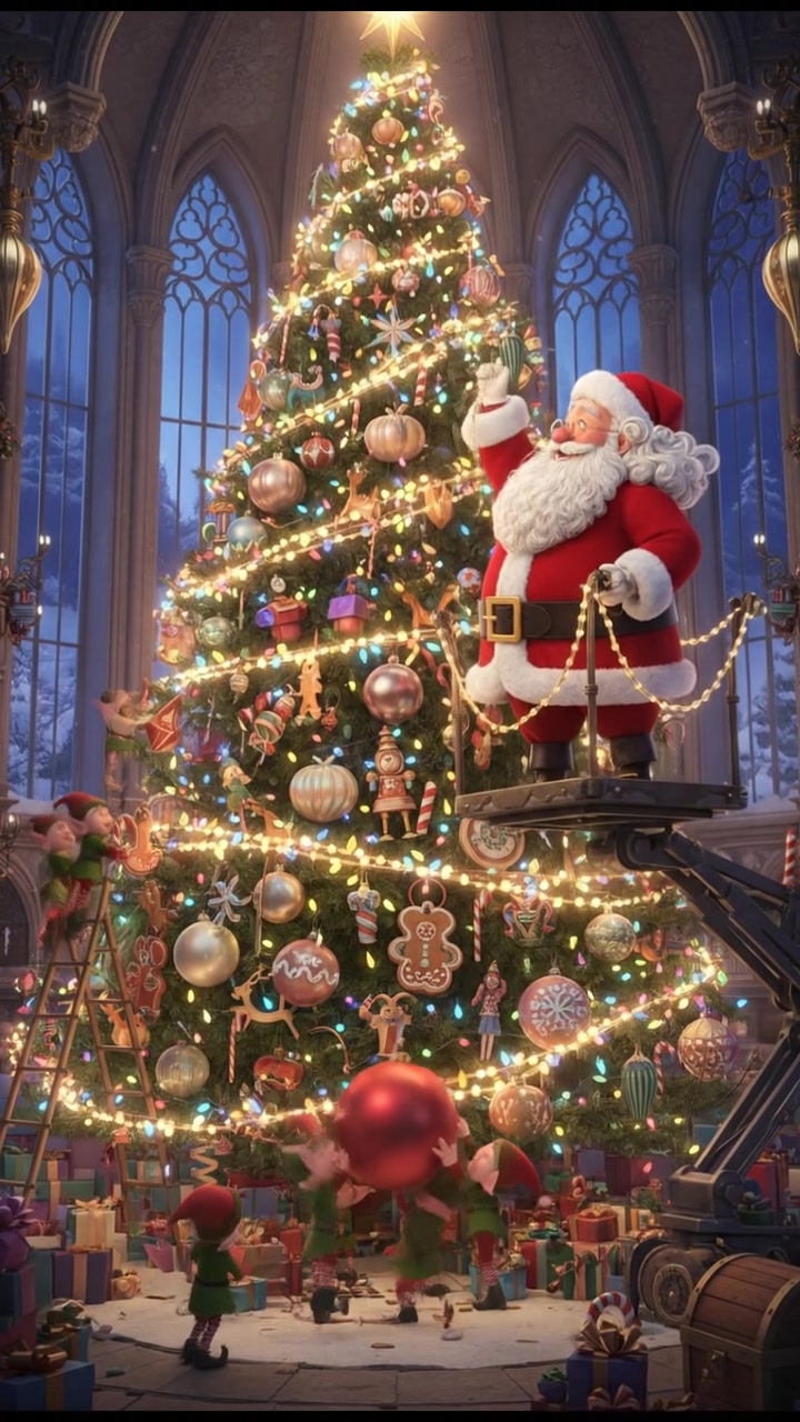 decorating a giant Christmas tree with lights and ornaments