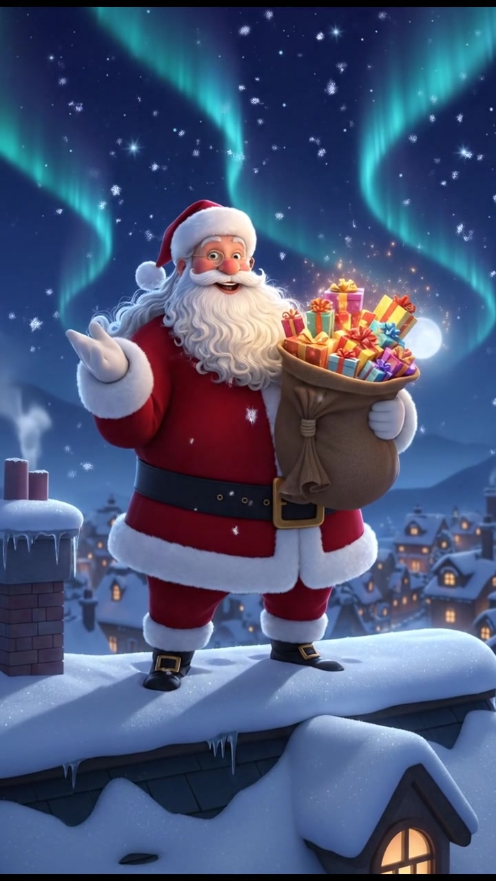 standing on a snowy rooftop holding a sack full of glowing gifts