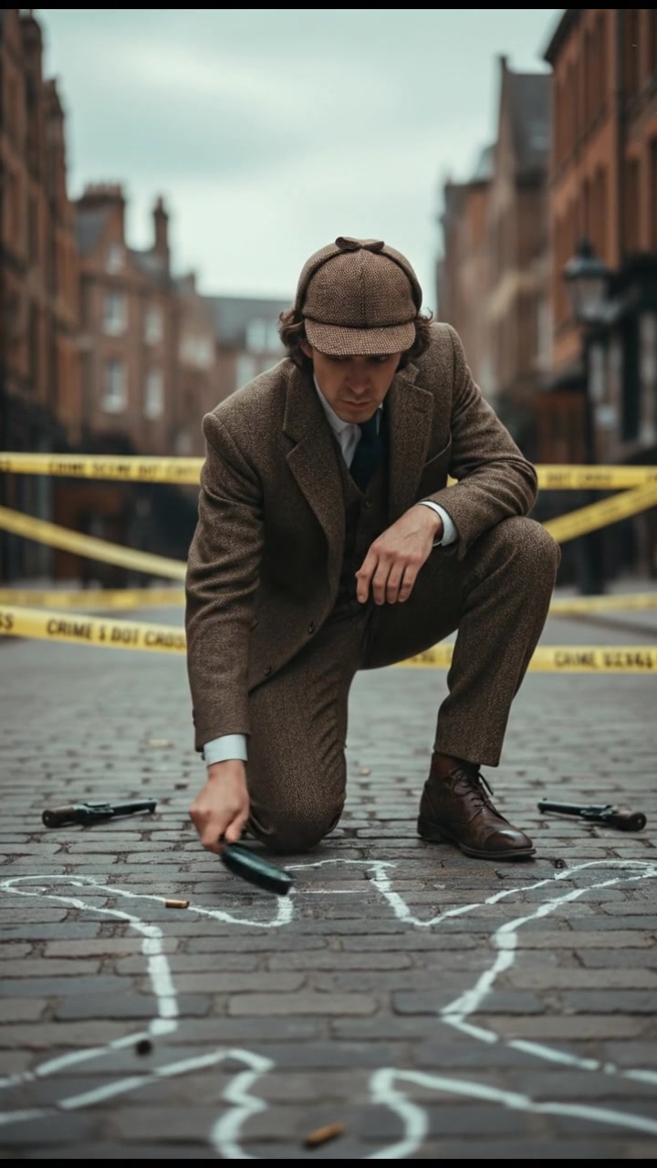 kneeling beside a crime scene marked with chalk outlines, magnifying glass in hand