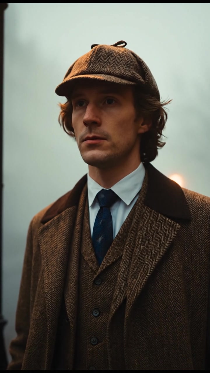 standing under a gas streetlamp on a foggy London street, trench coat and hat silhouetted in the mist