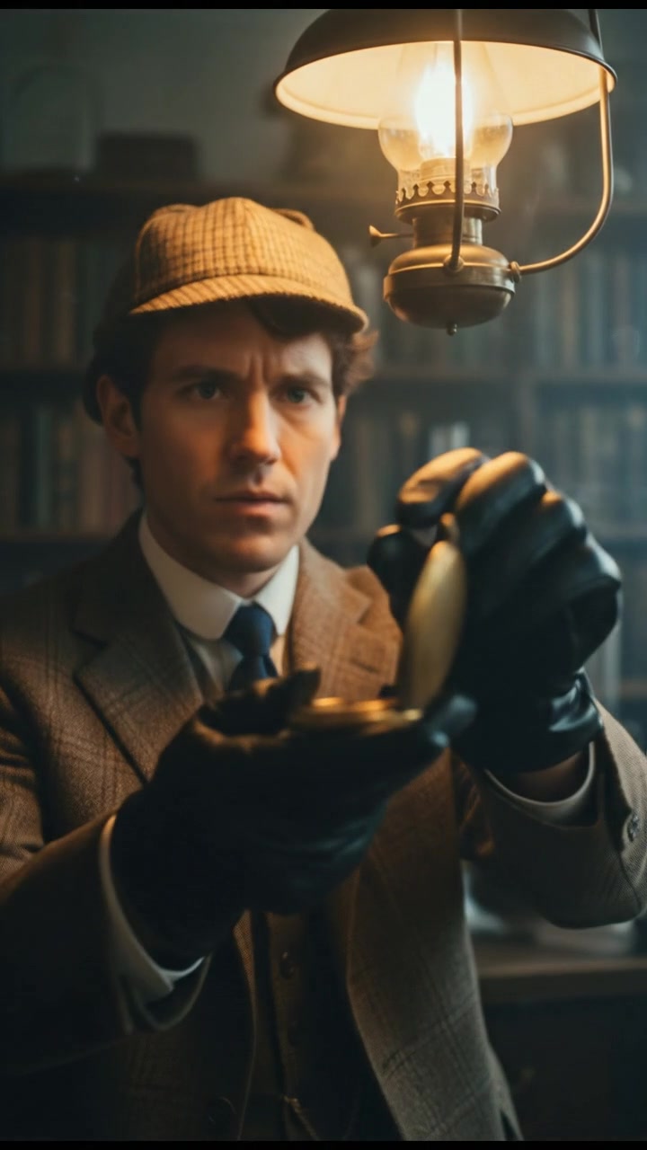 examining a pocket watch or clue in his hand under dim yellow light, intense expression
