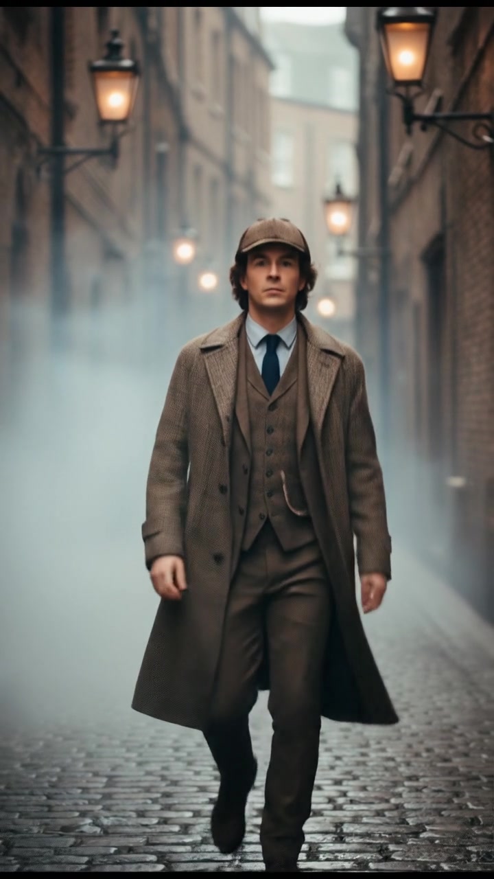 walking quickly through a narrow cobblestone alley with fog swirling around his feet