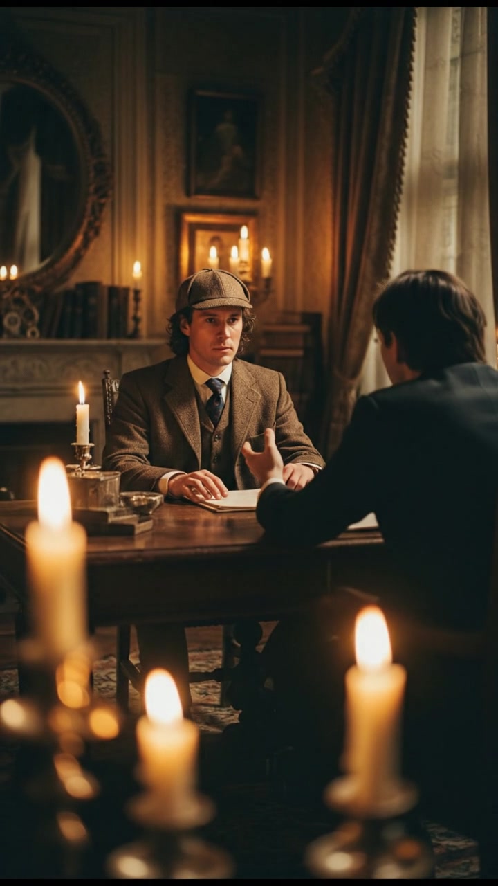 interrogating a suspect in a candlelit parlor, tense and shadowy atmosphere