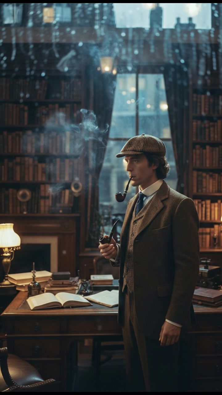 looking out a rain-streaked window of a Victorian study filled with books and smoke