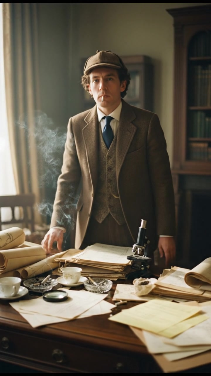 leaning over a cluttered desk filled with maps, files, and half-smoked cigarettes