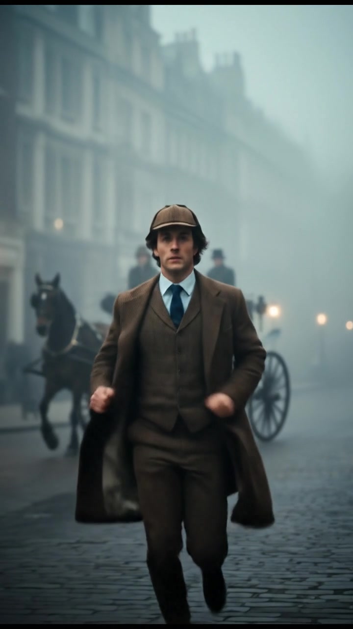 running through the fog as a carriage passes by, coat fluttering dramatically