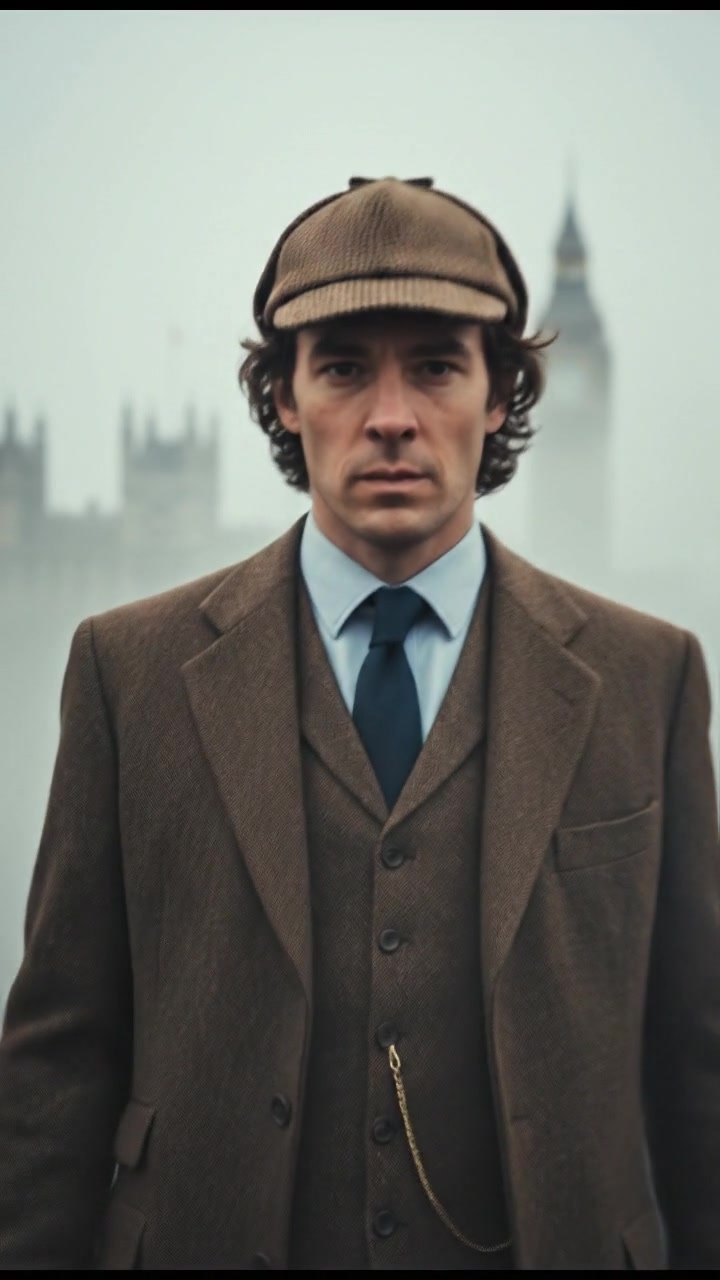 emerging from the fog toward the camera, determined gaze and faint London skyline behind