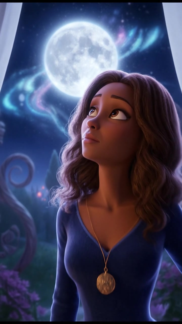 The Monique standing by a window, gazing pensively out towards the moonlit sky.