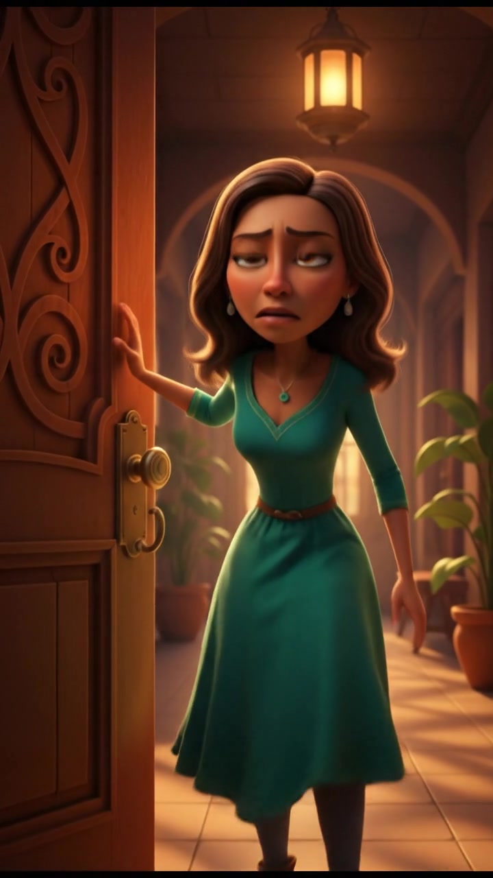 Monique looking worried, standing in front of the door, her hand still raised.