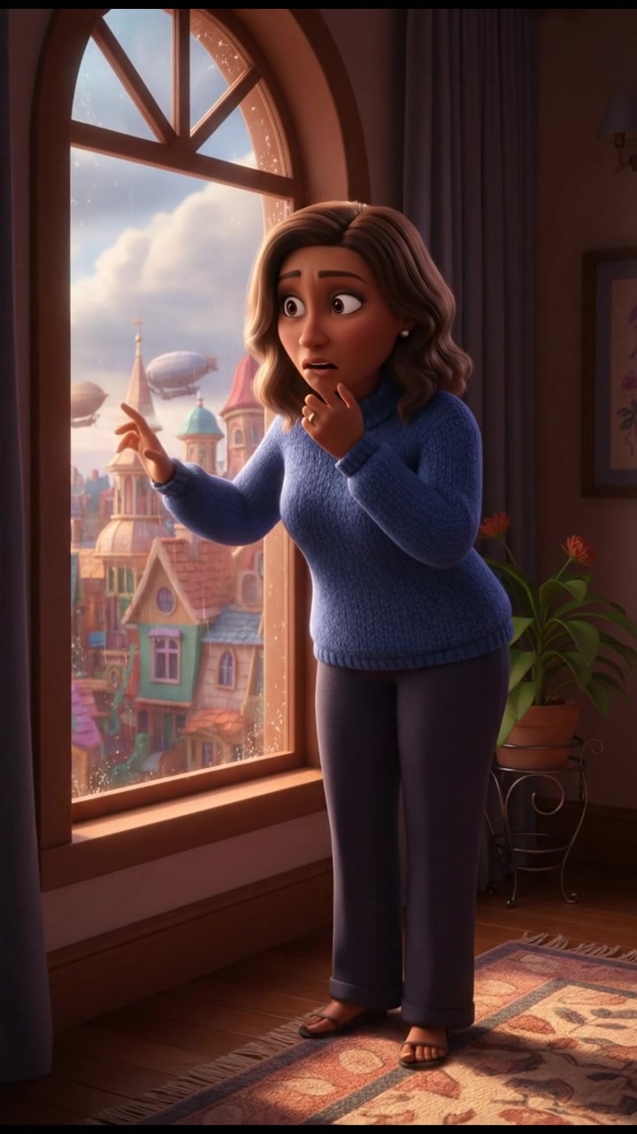 Monique standing by a window, glancing outside with a worried expression.