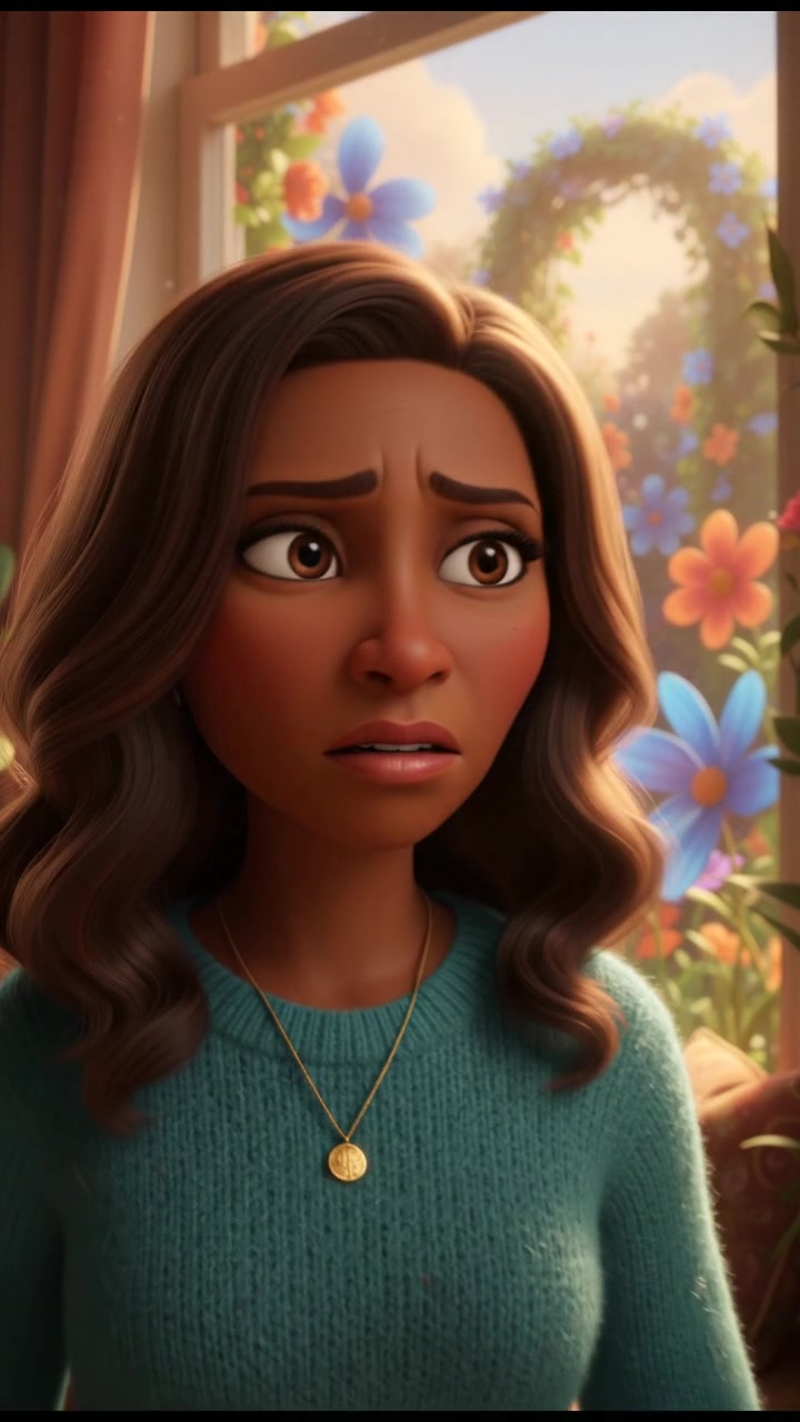 A close-up of Monique, standing by the window with a concerned expression, looking out into the garden.