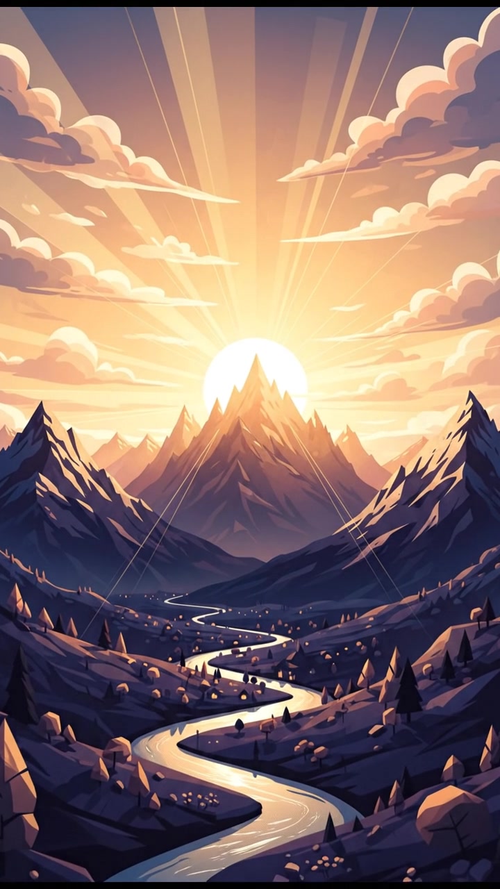 A scenic mountain landscape with a sunrise illuminating the peaks, symbolizing new beginnings.
