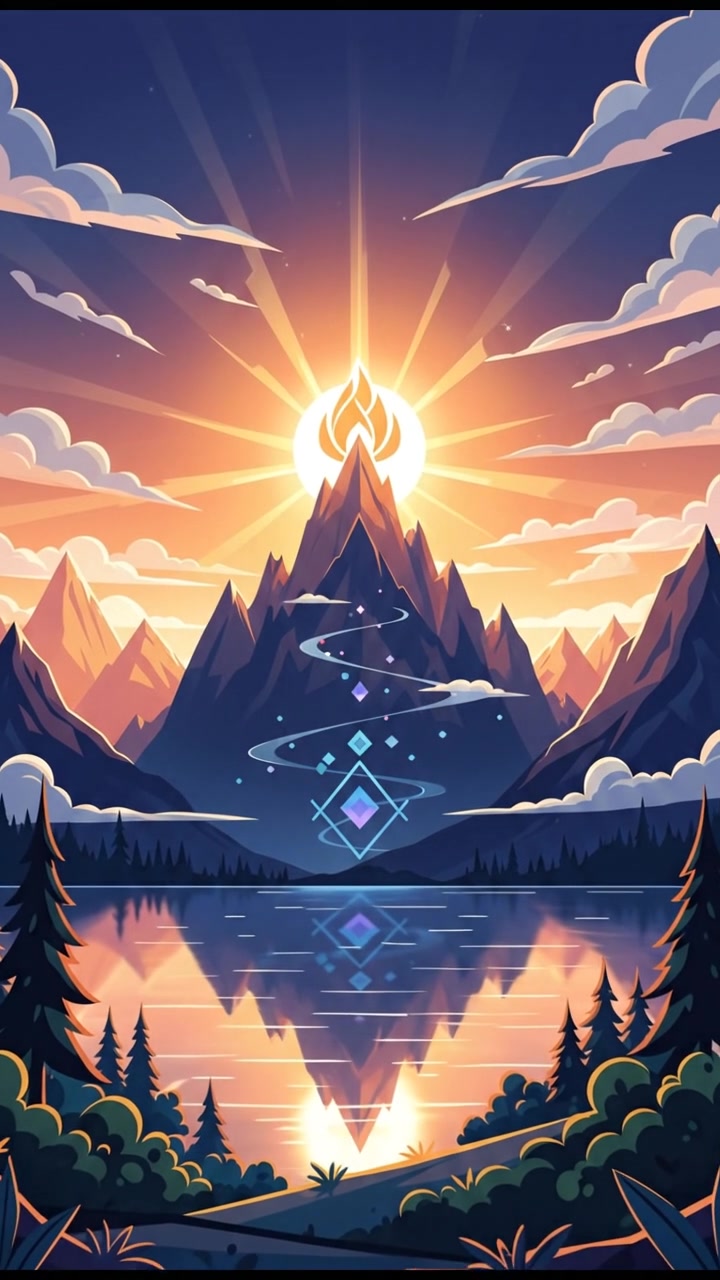 A tranquil mountain landscape at dawn, showcasing a rising sun behind peaks symbolizing spiritual enlightenment.