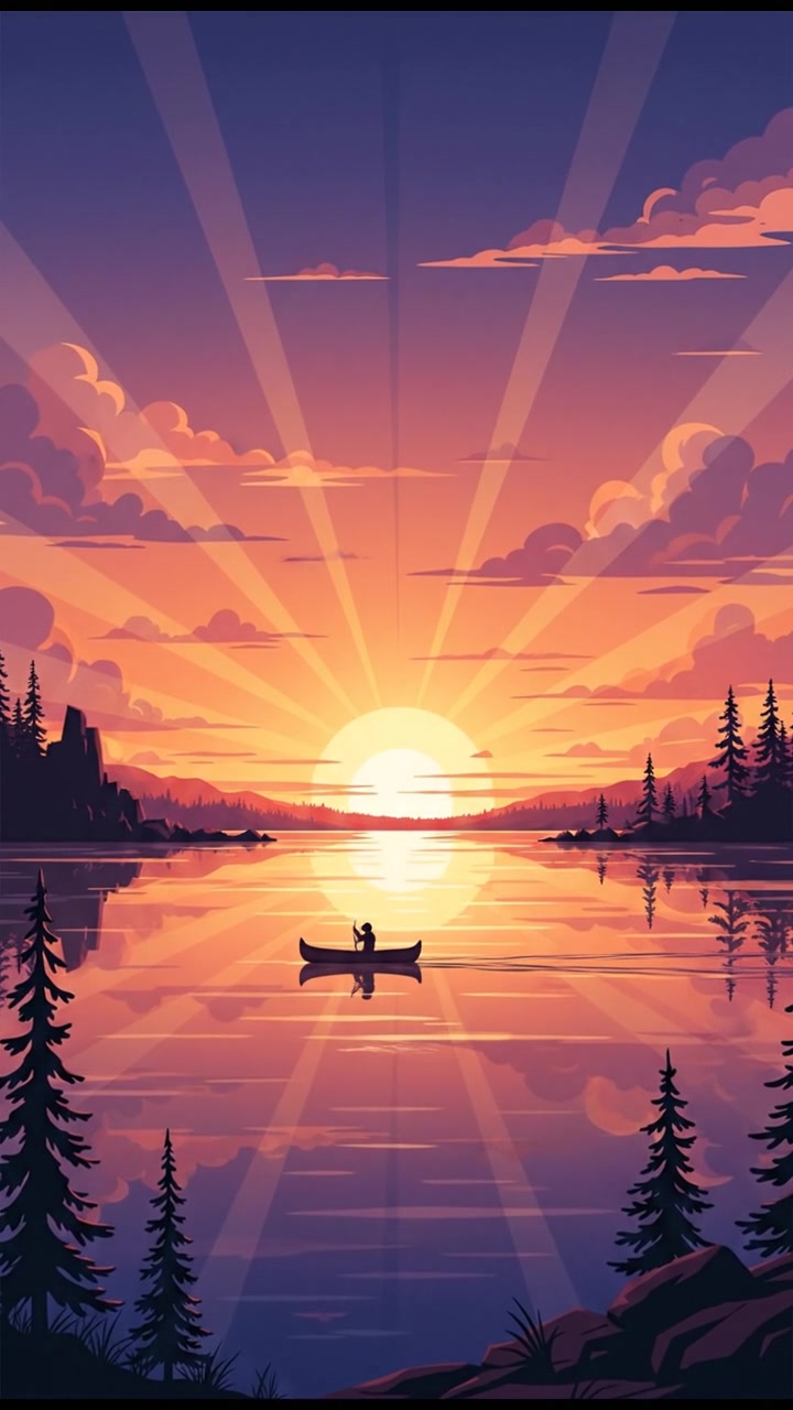 A scenic view of a sunset over a calm lake, with soft clouds reflecting on the water.