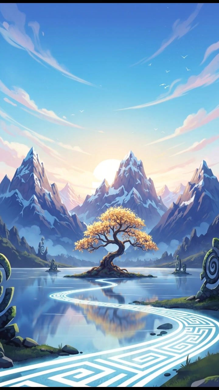 A serene landscape with distant mountains and a clear sky, suggesting tranquility and wisdom.