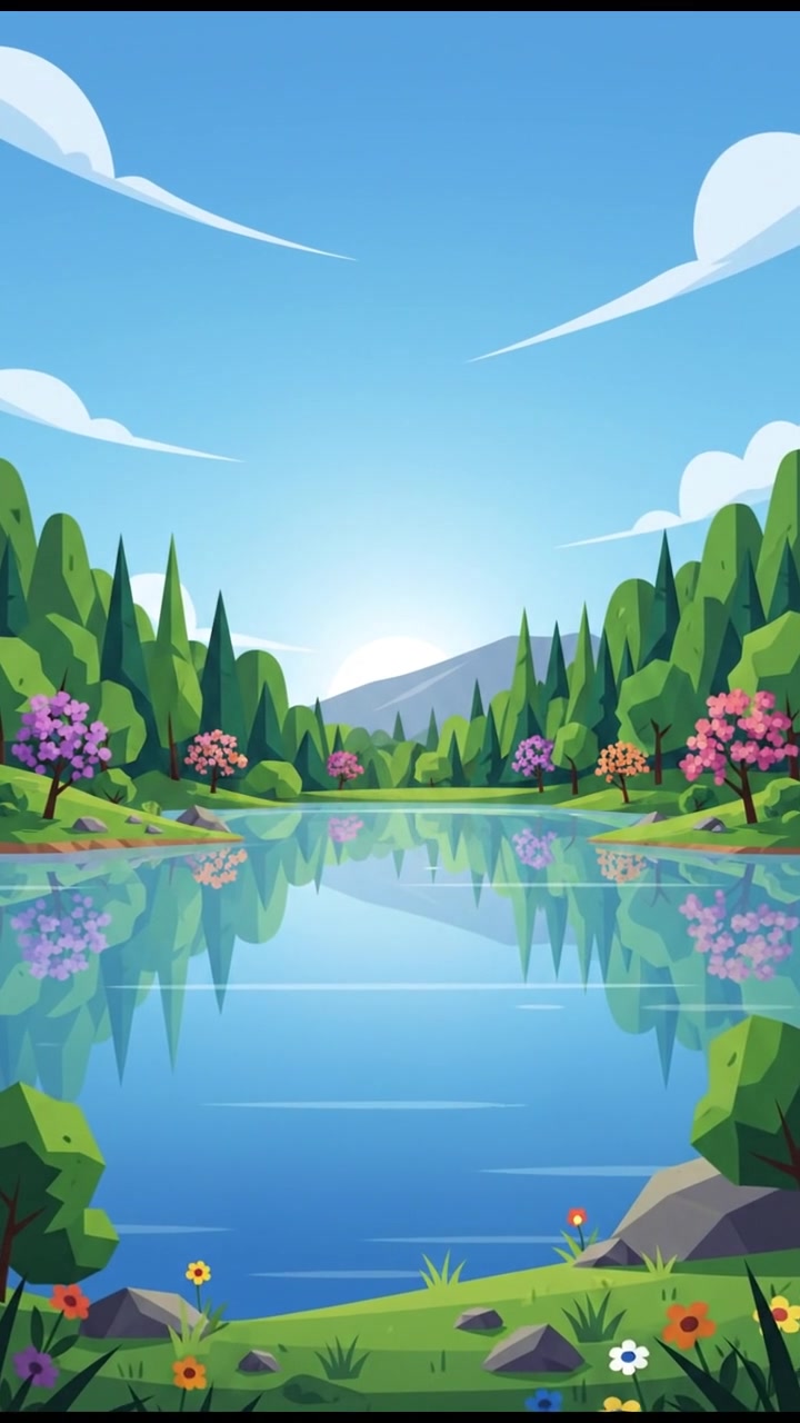 A serene landscape of a tranquil lake surrounded by lush green trees under a clear blue sky.