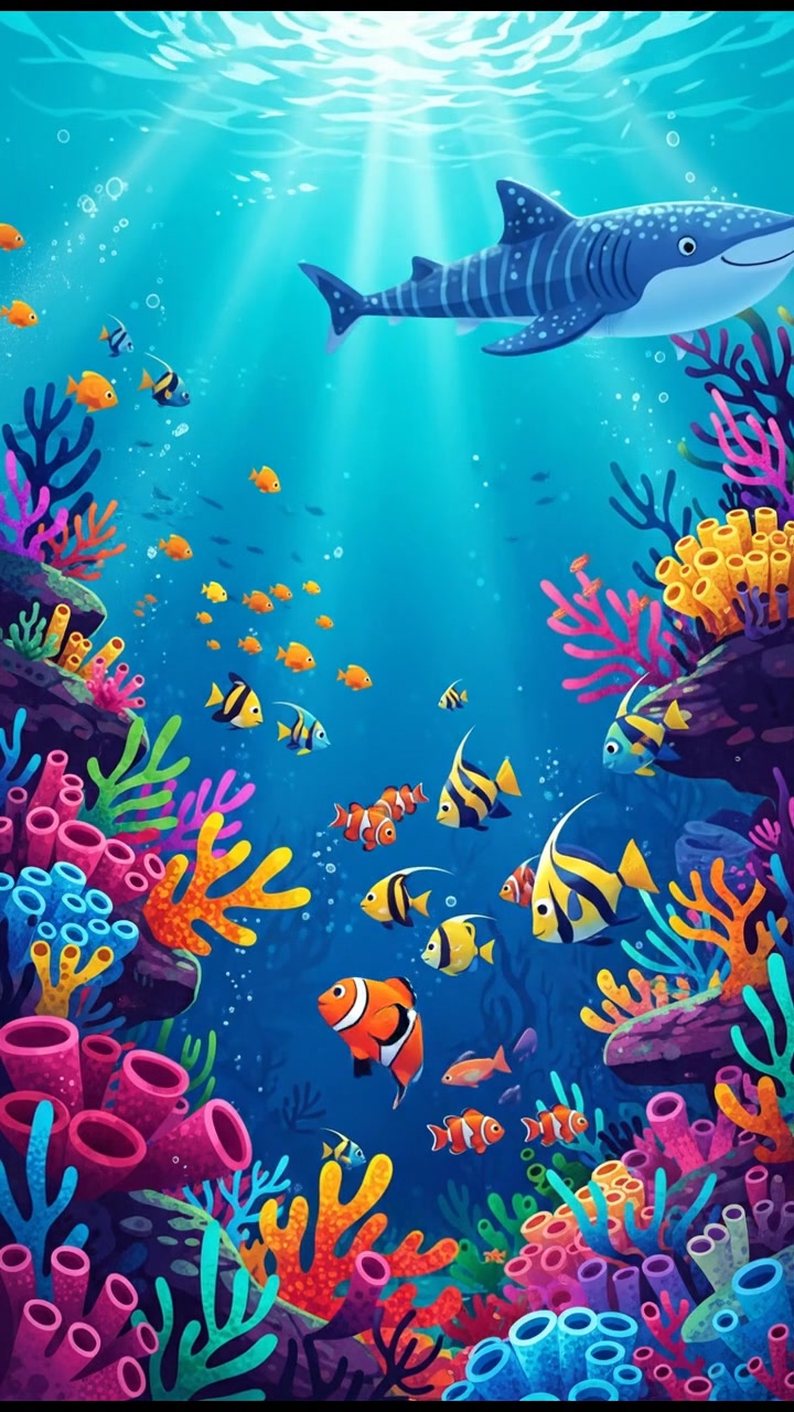 A vibrant coral reef underwater, with various fish swimming around colorful corals.