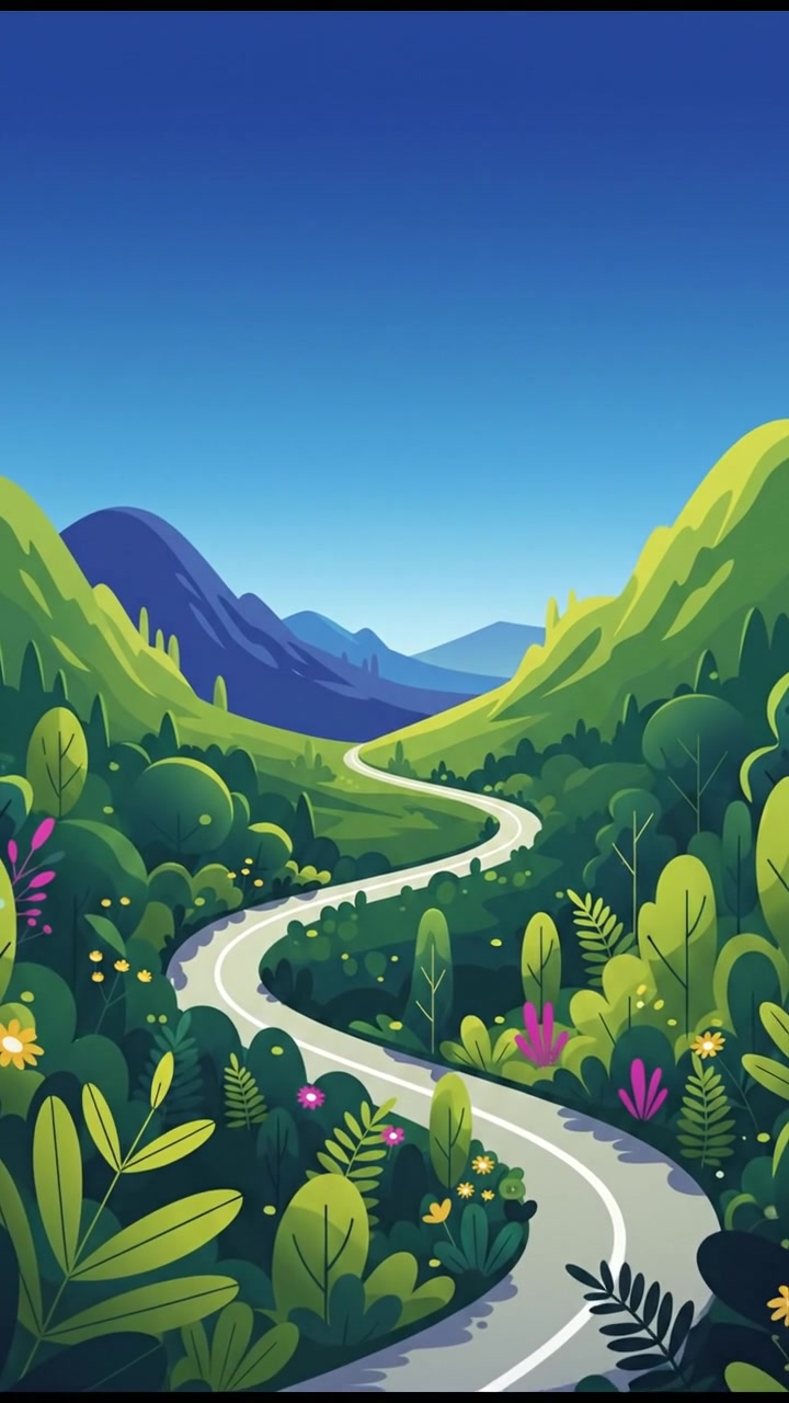 A scenic view of a winding road heading into the mountains, surrounded by lush greenery and a clear blue sky.