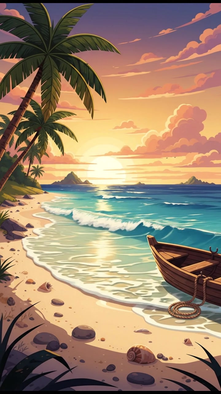 A tranquil beach scene with waves gently lapping at the shore.