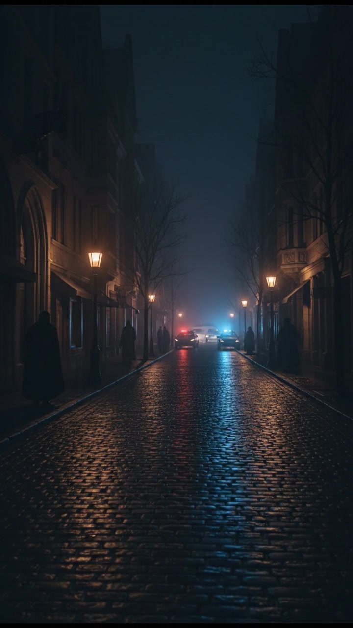 A street scene at night, with police cars and flashing lights approaching in the distance, illuminating the street.