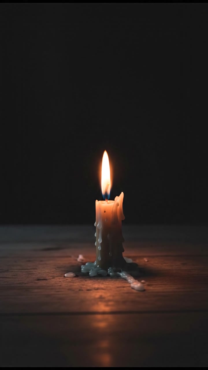 A close-up of a flickering flame from a candle, with darkness surrounding it.