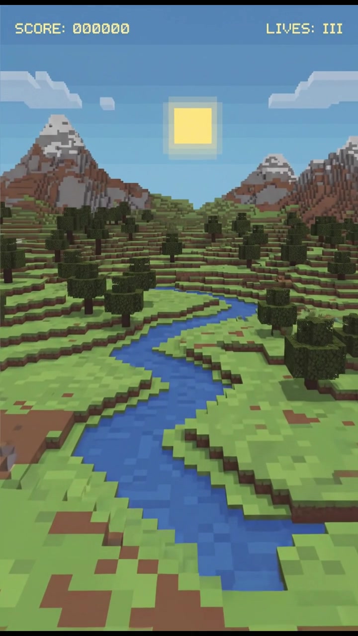 A wide view of a Minecraft landscape filled with blocks, mountains, and trees.