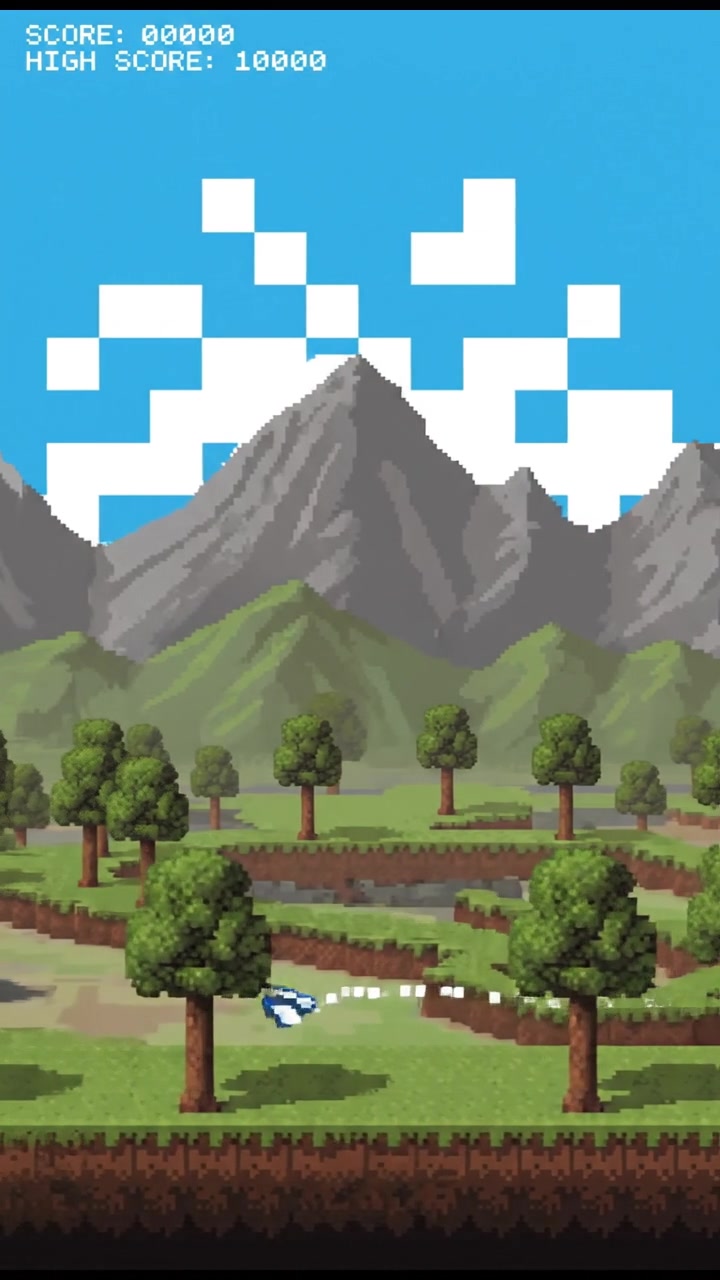 A vast pixelated landscape resembling Minecraft, with blocky trees and mountains under a bright blue sky.