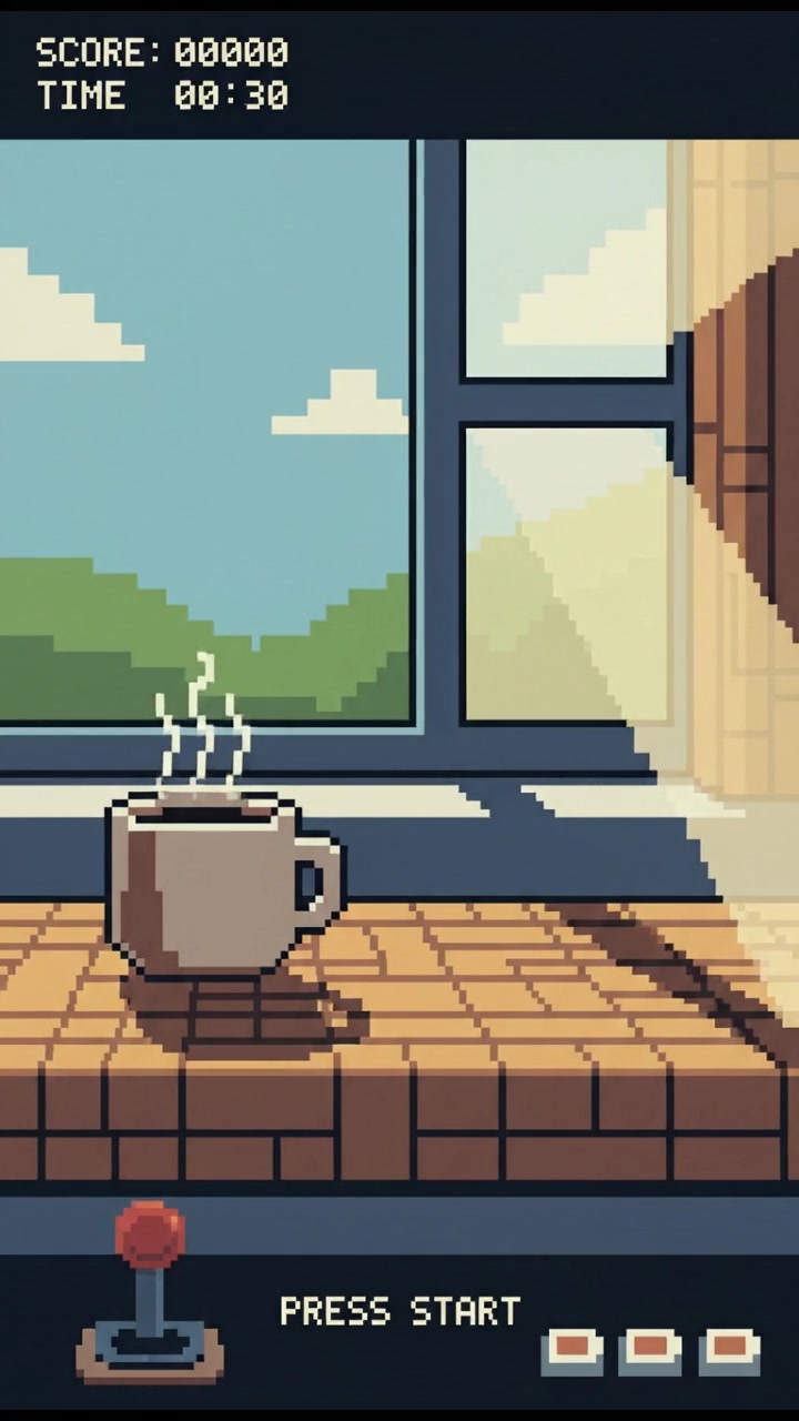 A steaming cup of coffee on a wooden table, with sunlight streaming through a nearby window.